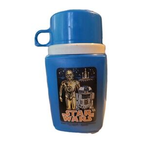 VTG 1977 Star Wars R2-D2 & C3PO Blue Thermos Bottle With Blue Cap Orange letters